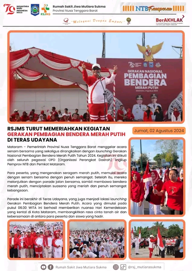 RSJMS TURUT MEMERIAHKAN KEGIATAN GERAKAN PEMBAGIAN BENDERA MERAH PUTIH DI TERAS UDAYANA